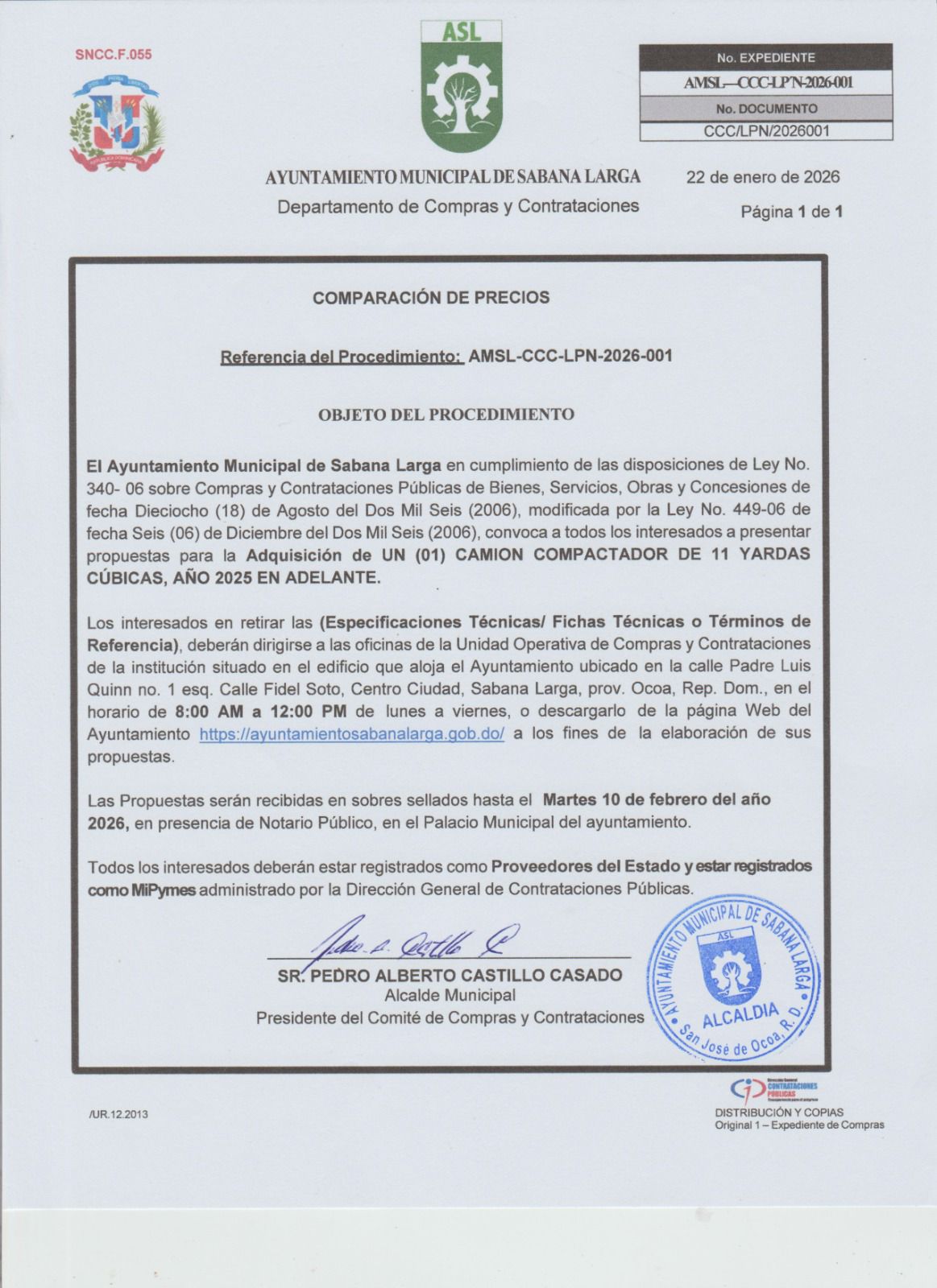 Sabana Larga abre licitación pública para camión compactador de 11 yardas cúbicas